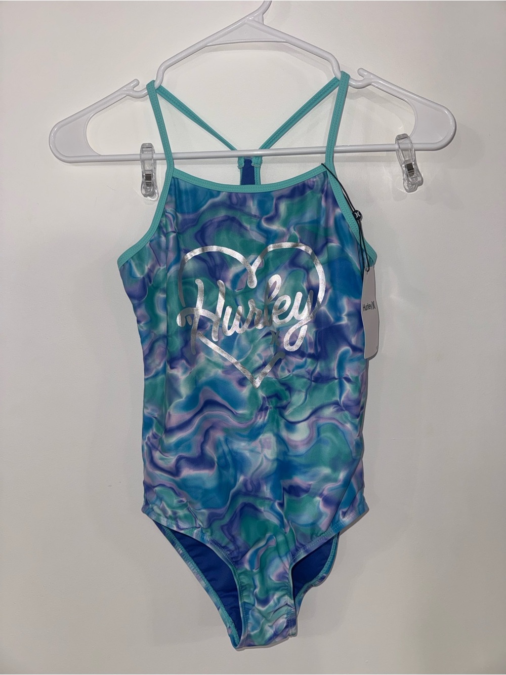 Hurley Teal Blue Purple Swirl Girls' One-Piece Swimsuit